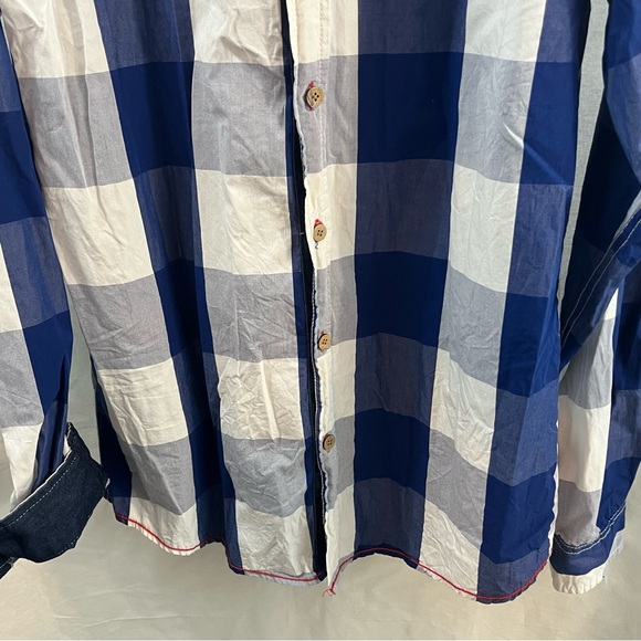 Fredd Marshall Mens Button Up Shirt Navy White Buffalo Plaid Flip Cuff Sleeve L - Picture 3 of 6